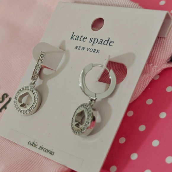 NEW Kate Spade Spot The Spade Pave Huggies Drop Dange Earrings Silver Clear - Picture 8 of 8